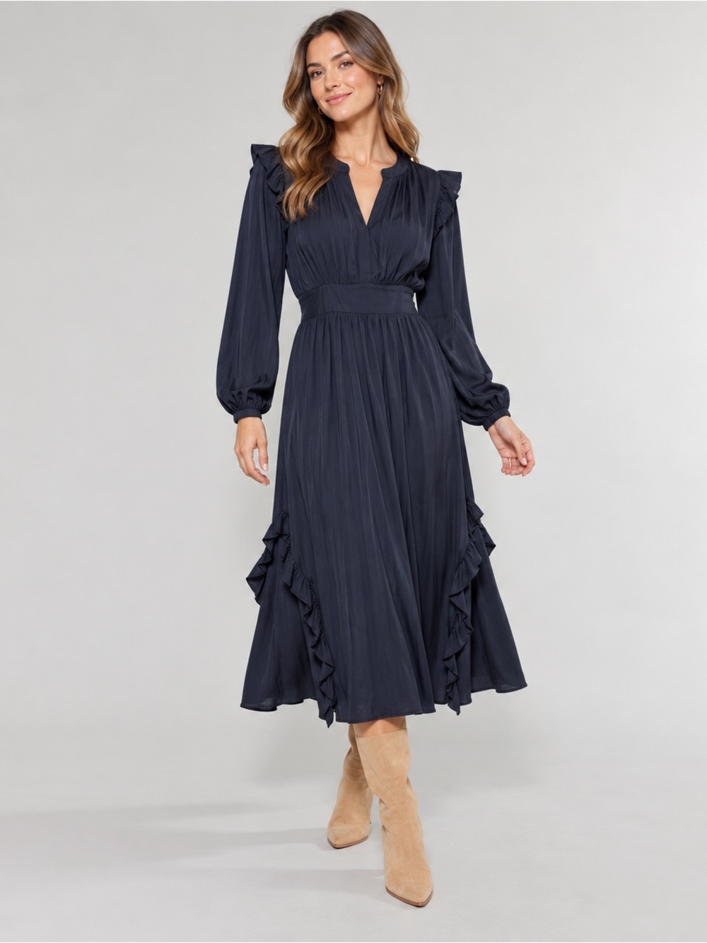 Current Air Navy Ruffle-Detail Midi Dress